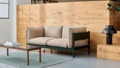 HAY Table Kofi 140 x 50 cm, Noyer Laqué - verre Transparent -Hay Arbour 2 Seater Linen Grid dark beige bottle green wb lacquer beech Kofi grey tinted glass wb lacquer walnut Moire Kelim dark green