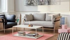 HAY Fauteuil Can, Cuir Noir - toile Naturelle - cadre Noir -Hay Can 2 seater Roden 04 natural canvas chrome base Can 1 seater Silk SIL0842 natural canvas chrome base Eiffel Coffee Table Rectangular warm sand Moire Kelim coral